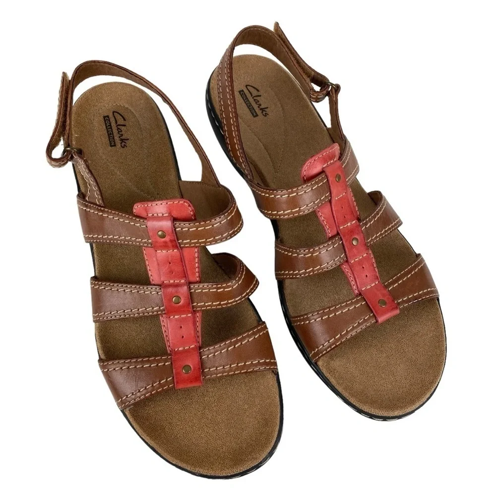 Clarks Brown Leather Sandals Slingback Pink  Women’s Size 12 Hook Loop Adj